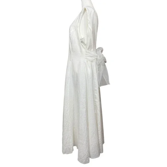 Linen Women's Ivory White Midi Wedding Dress‎ Organza Tie Bow Back Buttons SZ 14